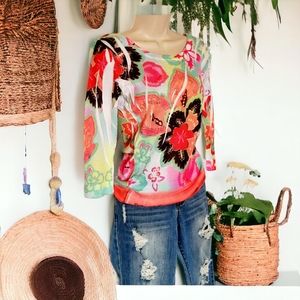 Colorful floral 3/4 sleeve vintage Hippie style Boho shirt size large